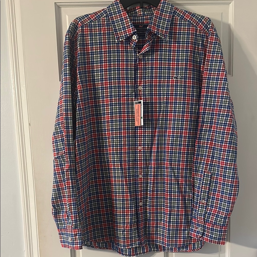 Red and Blue Casual Button Down Shirt with Plaid Pattern